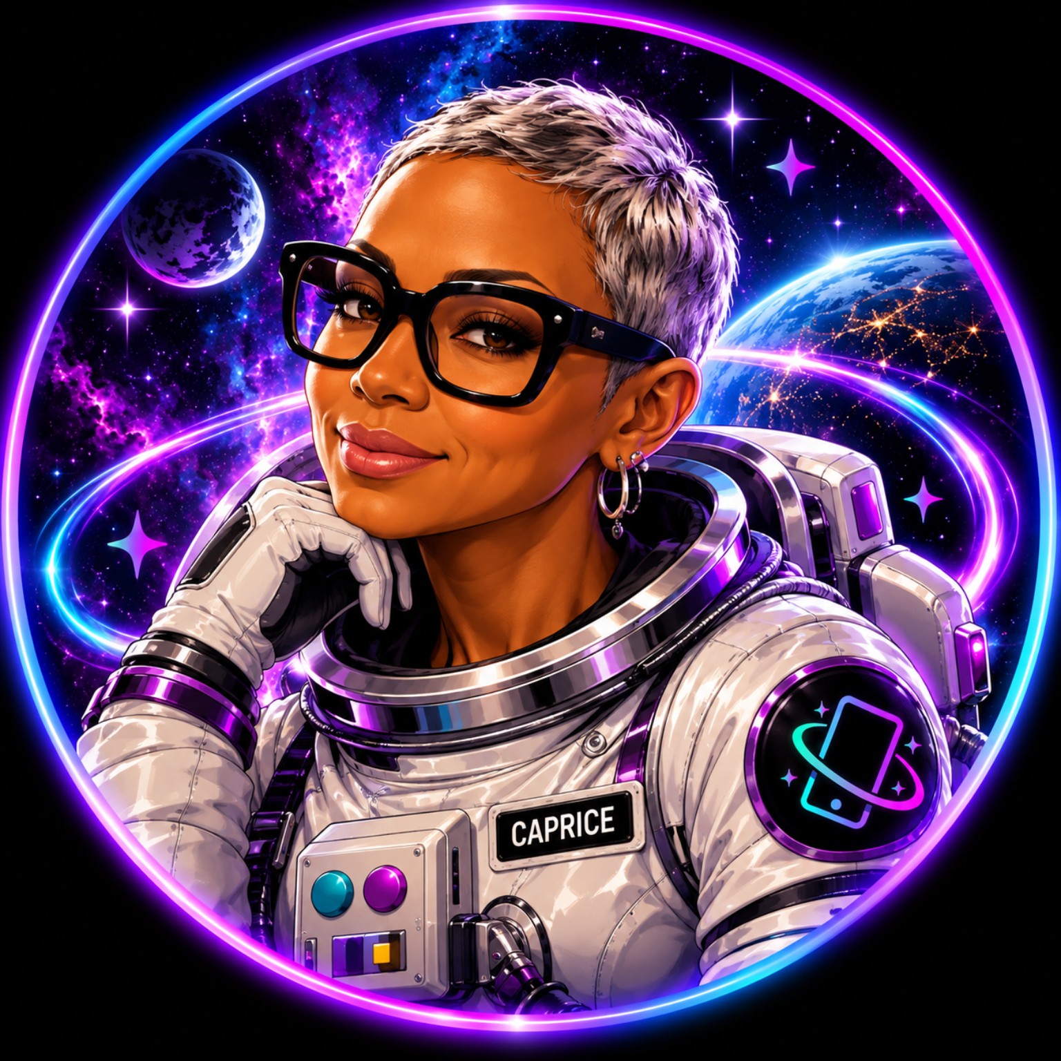 Astronaut Caprice in her silver spacesuit, surrounded by purple nebulae and glowing planetary rings