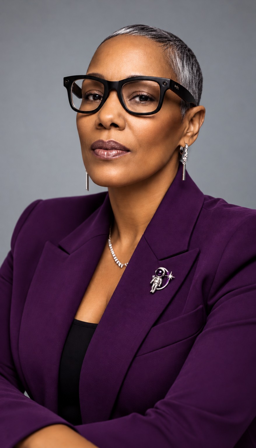 Caprice Bentley wearing a deep purple blazer and a small astronaut brooch